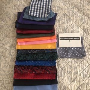 SOLD. Set of 17 Pocket Squares. Various fashion colors and patterns.